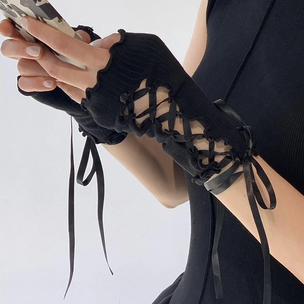 Y2K Lolita Gloves Ballet Style Black White Lace Sleeves Gothic Strap Lace-Up Hand Sleeve Sunscreen Sleeve Women Mesh Punk Gloves
