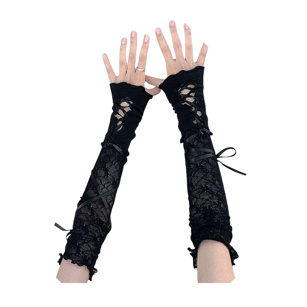 Y2K Lolita Gloves Ballet Style Black White Lace Sleeves Gothic Strap Lace-Up Hand Sleeve Sunscreen Sleeve Women Mesh Punk Gloves