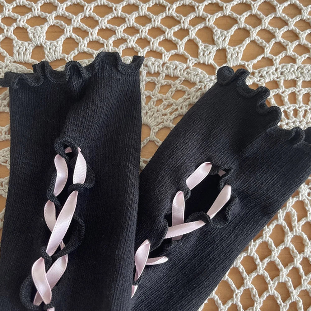 Y2K Lolita Gloves Ballet Style Black White Lace Sleeves Gothic Strap Lace-Up Hand Sleeve Sunscreen Sleeve Women Mesh Punk Gloves