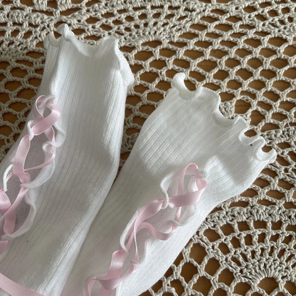 Y2K Lolita Gloves Ballet Style Black White Lace Sleeves Gothic Strap Lace-Up Hand Sleeve Sunscreen Sleeve Women Mesh Punk Gloves