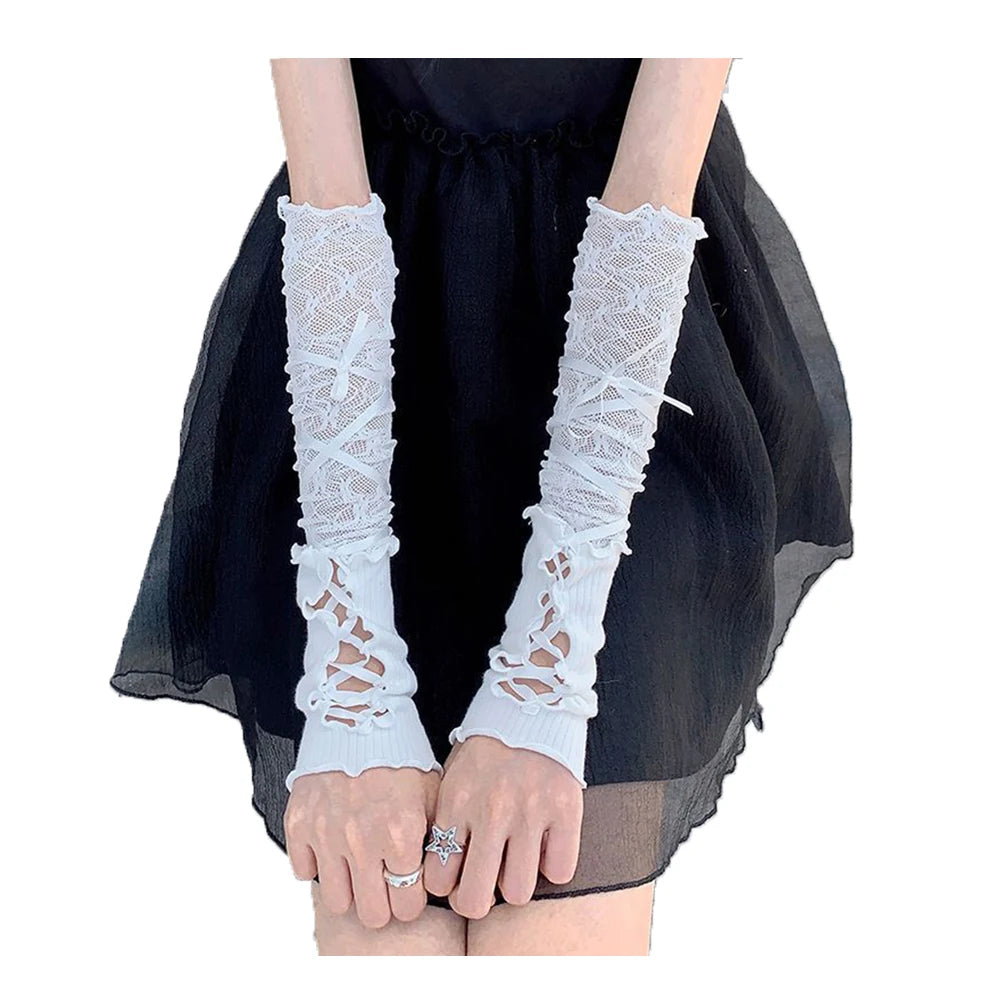 Y2K Lolita Gloves Ballet Style Black White Lace Sleeves Gothic Strap Lace-Up Hand Sleeve Sunscreen Sleeve Women Mesh Punk Gloves