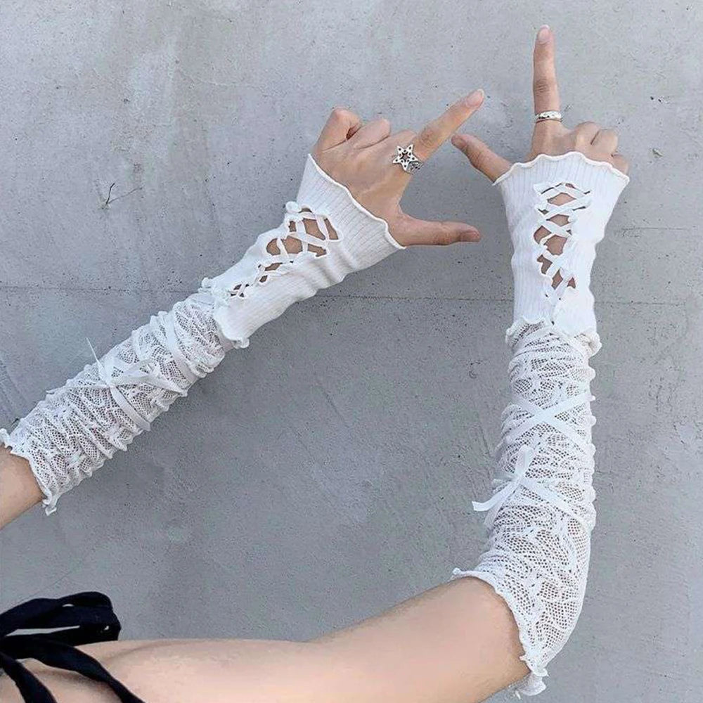 Y2K Lolita Gloves Ballet Style Black White Lace Sleeves Gothic Strap Lace-Up Hand Sleeve Sunscreen Sleeve Women Mesh Punk Gloves