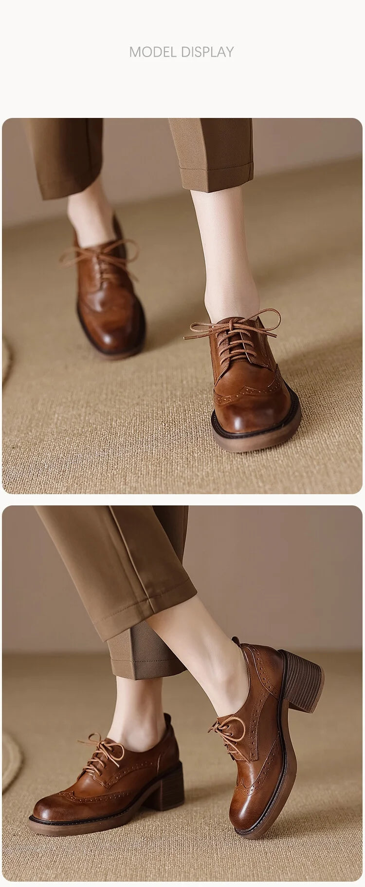 NEW Spring Women Loafers Genuine Leather Shoes Round Toe Square Heel Women Shoes Casual Lace-up Women Pumps Carving Oxford Shoes