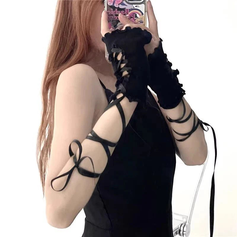 Erotic Sleeve Women's Halter Lace Fingerless Sexy Arm Sleeves DIY Strappy Gloves Stretch Mesh Punk Gloves Clothing Accessories