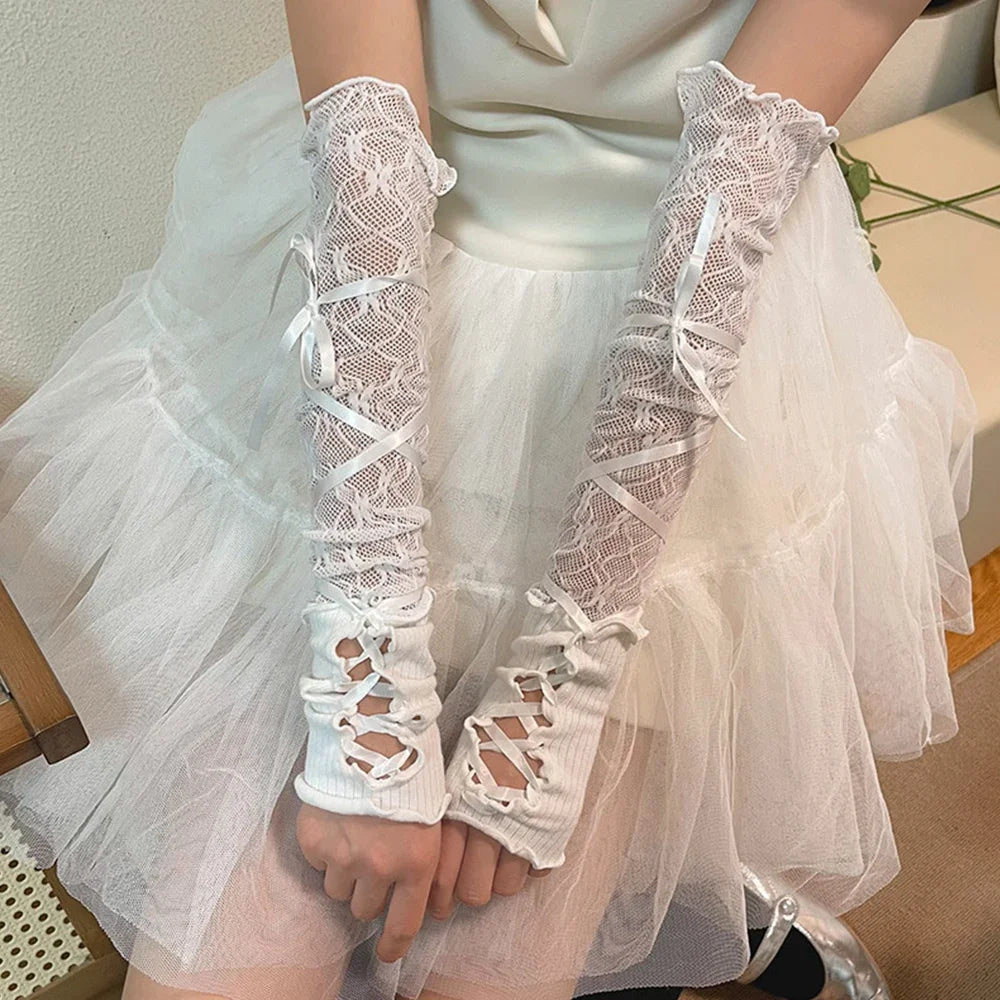 Lace Fingerless Strapping Arm Sleeve Sunscreen Sleeve Elastic Arm Warmers Lace-Up Sun Protection Cuff Bow Tie Long DIY Gloves