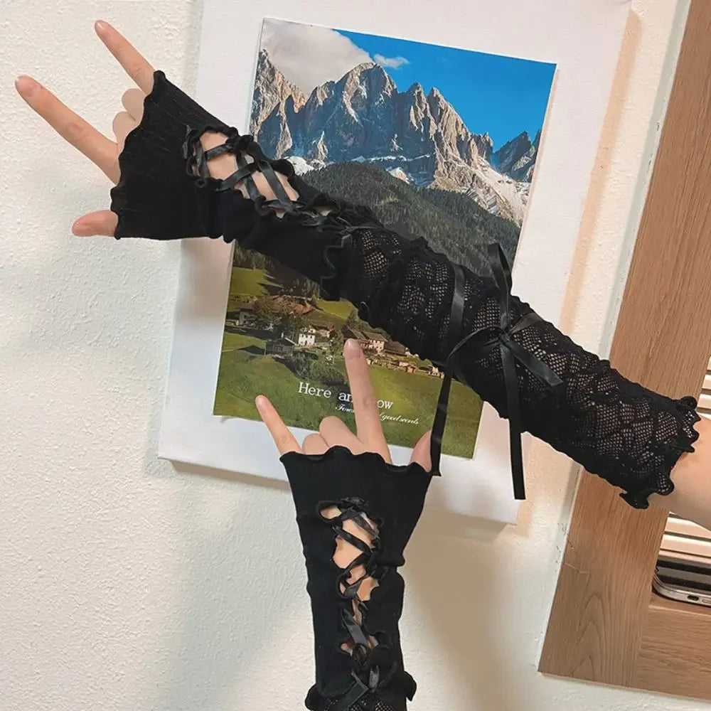 Women Lolita Jk Lace Fingerless Gloves Black Gothic DIY Strapping Sunscreen Sleeve Clothing Accessories Elastic Mesh Punk Gloves