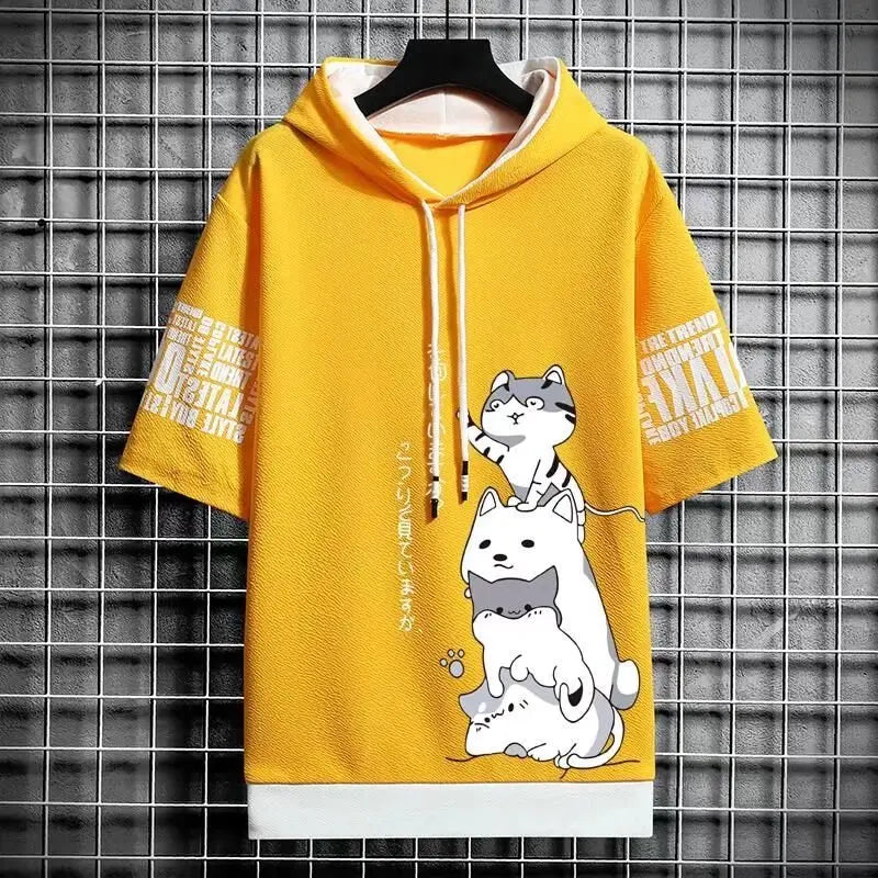 Japan Fashion Men's Hoodies Summer Men Clothing Cartoon Casual Harajuku Streetwear Print Hooded Top Short Sleeve Sweatshirts Men