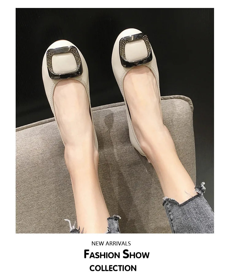 Flats Crystal Square Metal Buckle Foldable Ballet Flats Women Shoes Ballerina Cozy Soft Bottom Moccasins Plus Size 34-43 Loafers