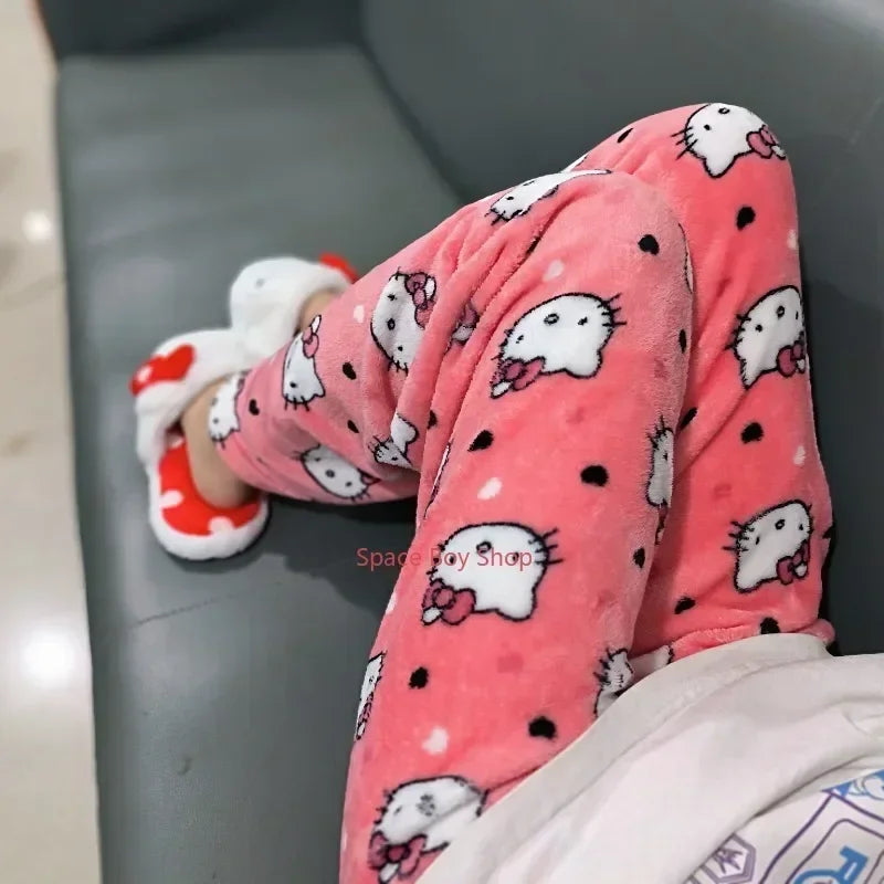 Thicken Hello Kitty Pajama Pants Sanrio Anime Fleece Double Elastic Fabric Soft Trousers Women Trousers Cartoon Birthday Gift