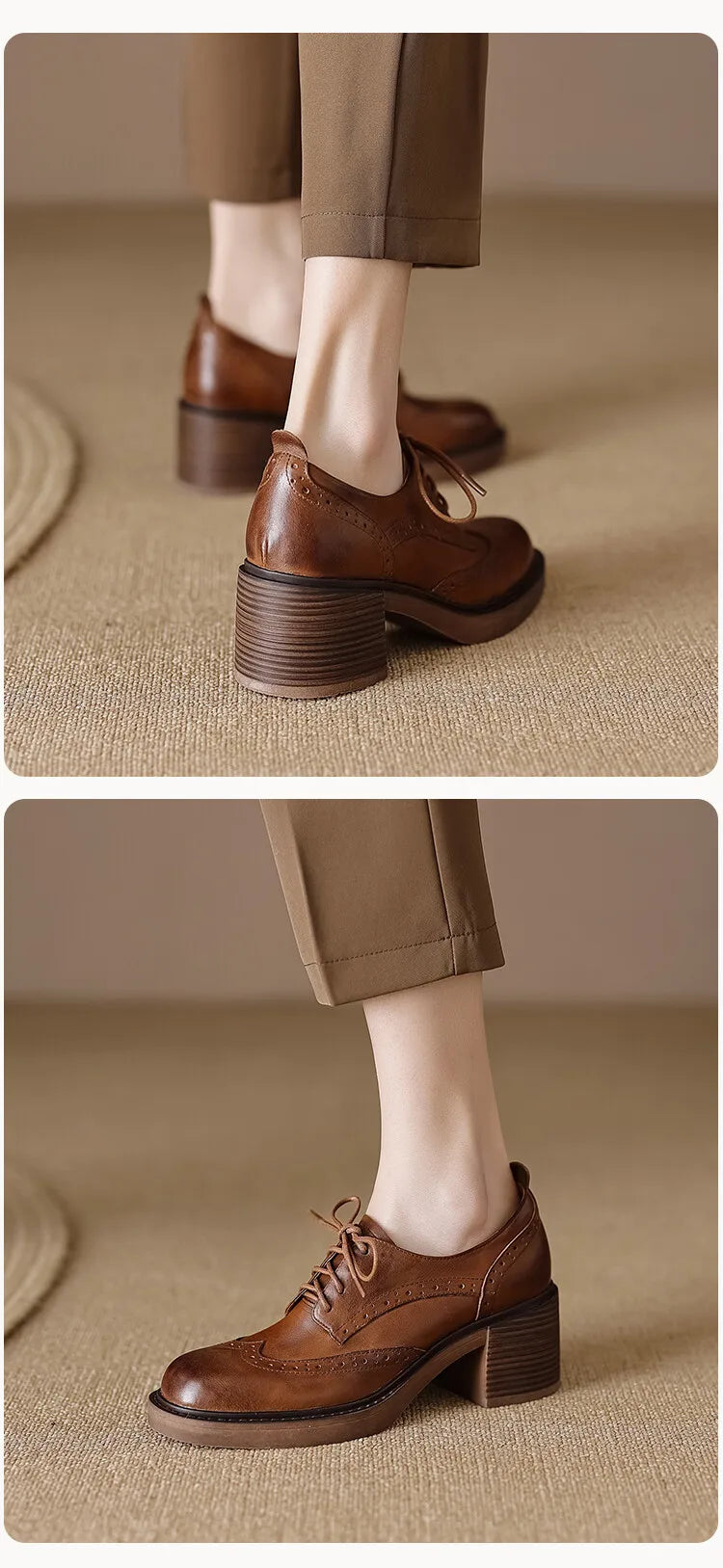 NEW Spring Women Loafers Genuine Leather Shoes Round Toe Square Heel Women Shoes Casual Lace-up Women Pumps Carving Oxford Shoes