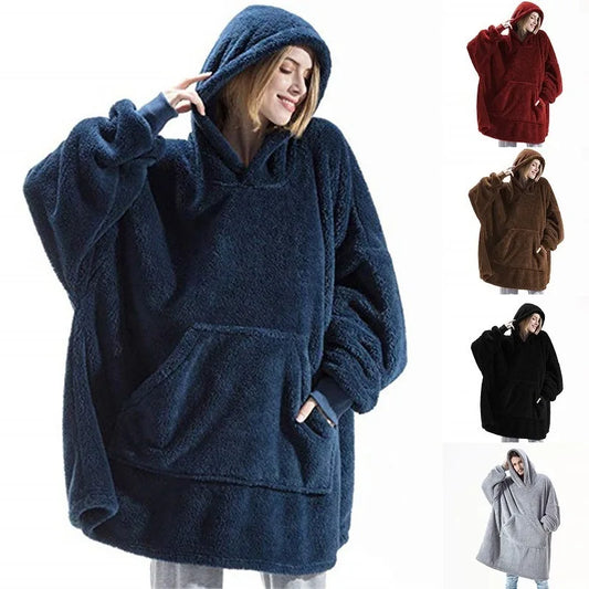 Women Winter Thick Warm Hooded Outerwear Solid Elegant Soft Double Fleece Jacket Unisex Pocket Pullover Long Hoodies Home Wear