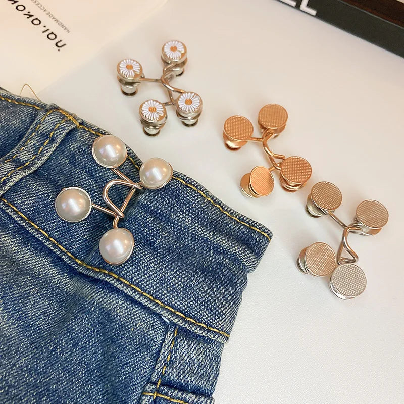 2pcs Skirt Pants Tighten Waist Brooches Jeans Adjustable Waist Clip Button Pearl Women's Brooch Set DIY Clothing Accessories