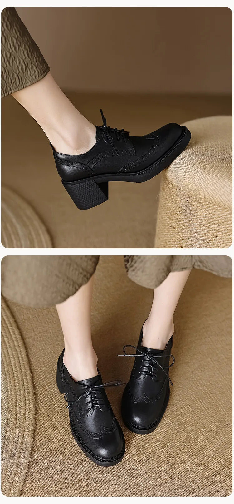 NEW Spring Women Loafers Genuine Leather Shoes Round Toe Square Heel Women Shoes Casual Lace-up Women Pumps Carving Oxford Shoes