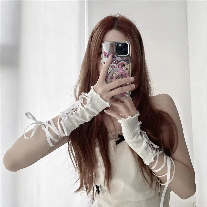 Erotic Sleeve Women's Halter Lace Fingerless Sexy Arm Sleeves DIY Strappy Gloves Stretch Mesh Punk Gloves Clothing Accessories