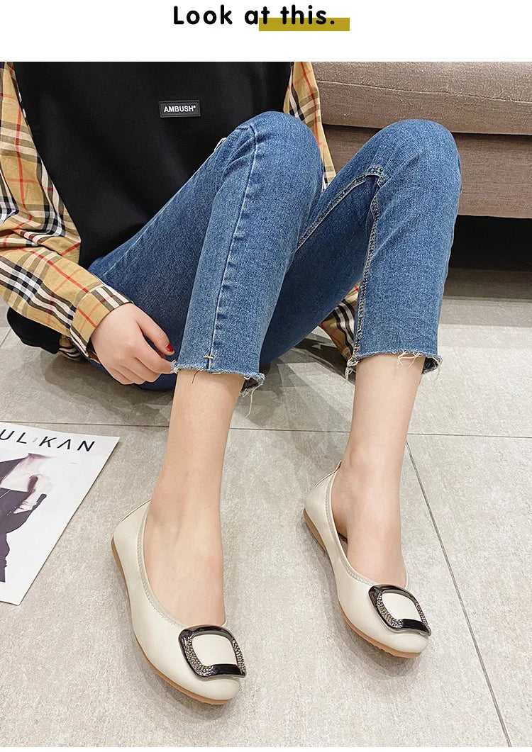 Flats Crystal Square Metal Buckle Foldable Ballet Flats Women Shoes Ballerina Cozy Soft Bottom Moccasins Plus Size 34-43 Loafers