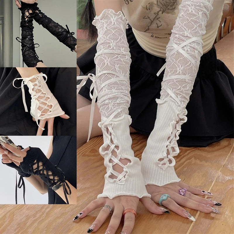 Erotic Sleeve Women's Halter Lace Fingerless Sexy Arm Sleeves DIY Strappy Gloves Stretch Mesh Punk Gloves Clothing Accessories