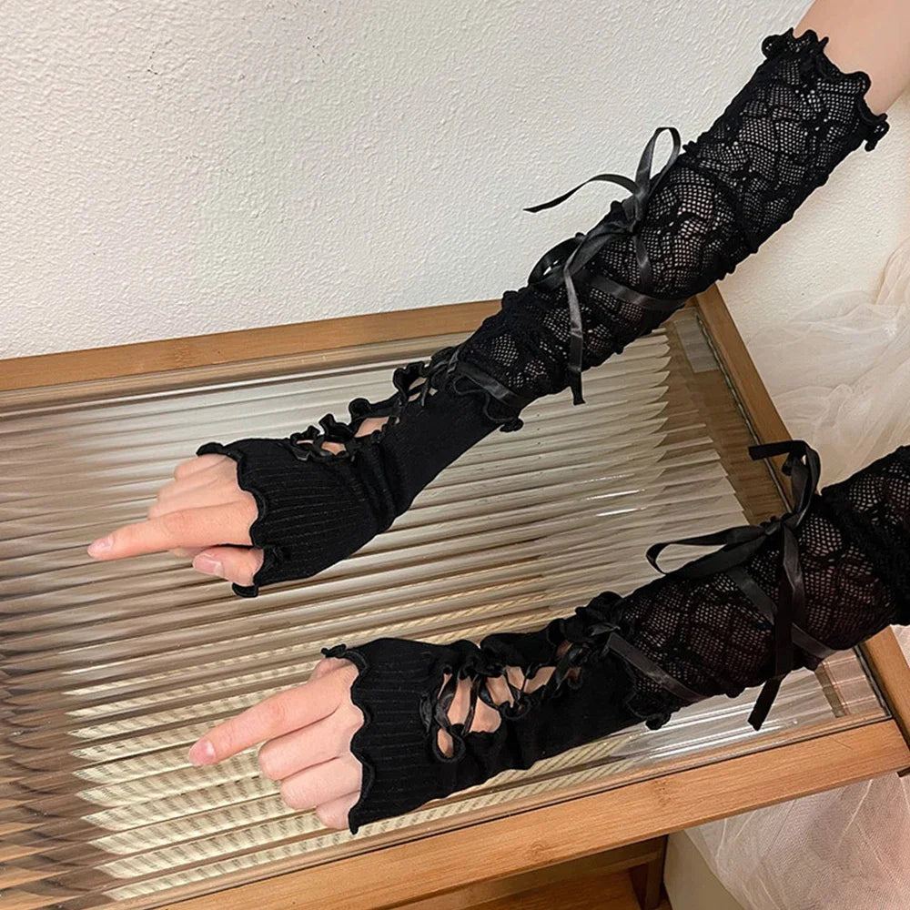 Lace Fingerless Strapping Arm Sleeve Sunscreen Sleeve Elastic Arm Warmers Lace-Up Sun Protection Cuff Bow Tie Long DIY Gloves