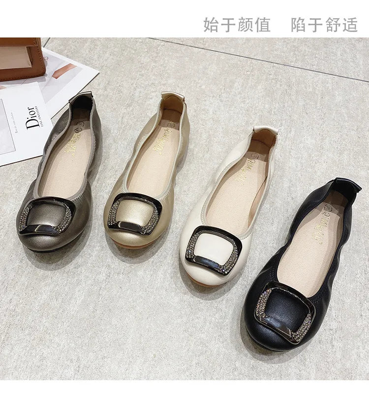 Flats Crystal Square Metal Buckle Foldable Ballet Flats Women Shoes Ballerina Cozy Soft Bottom Moccasins Plus Size 34-43 Loafers