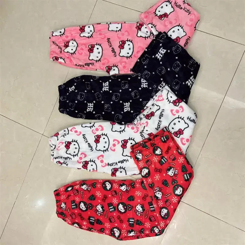 Thicken Hello Kitty Pajama Pants Sanrio Anime Fleece Double Elastic Fabric Soft Trousers Women Trousers Cartoon Birthday Gift