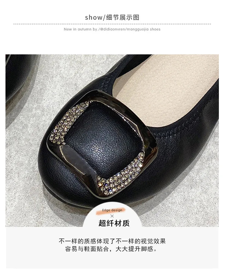 Flats Crystal Square Metal Buckle Foldable Ballet Flats Women Shoes Ballerina Cozy Soft Bottom Moccasins Plus Size 34-43 Loafers