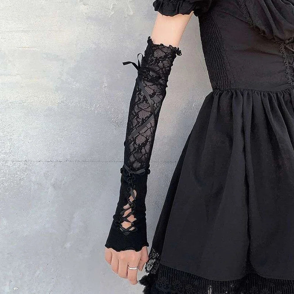 Lace Fingerless Strapping Arm Sleeve Sunscreen Sleeve Elastic Arm Warmers Lace-Up Sun Protection Cuff Bow Tie Long DIY Gloves