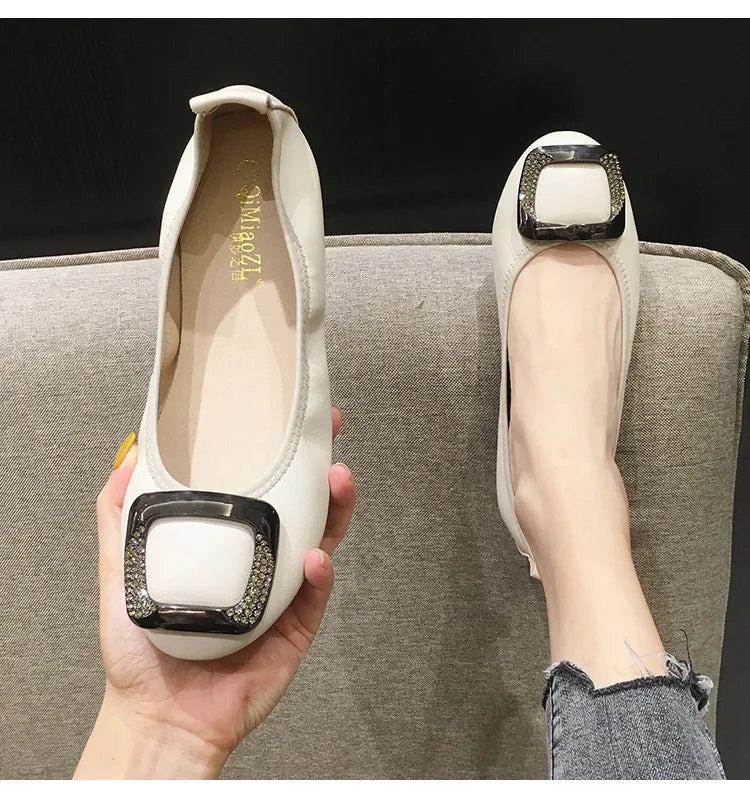 Flats Crystal Square Metal Buckle Foldable Ballet Flats Women Shoes Ballerina Cozy Soft Bottom Moccasins Plus Size 34-43 Loafers