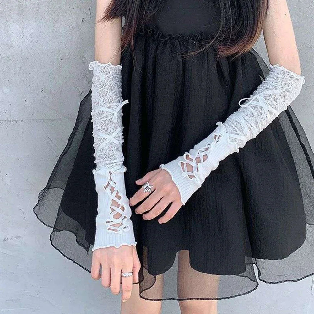 Lace Fingerless Strapping Arm Sleeve Sunscreen Sleeve Elastic Arm Warmers Lace-Up Sun Protection Cuff Bow Tie Long DIY Gloves