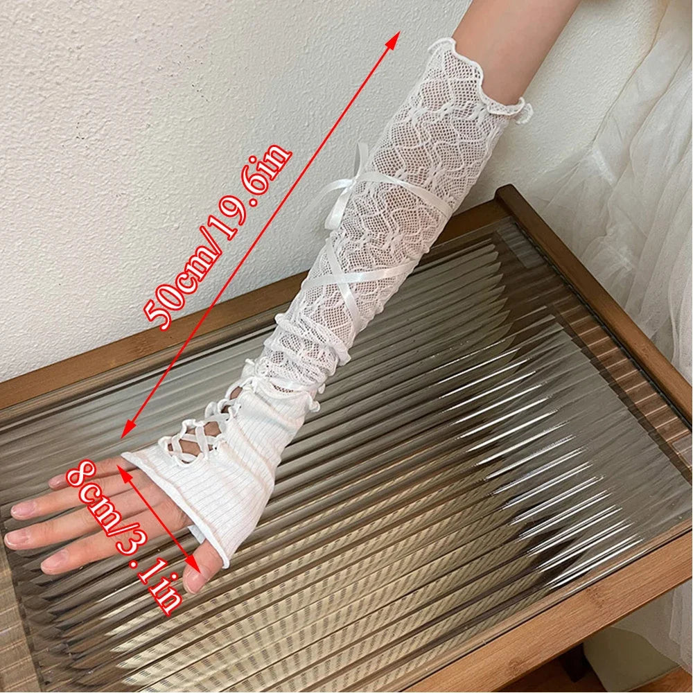 Lace Fingerless Strapping Arm Sleeve Sunscreen Sleeve Elastic Arm Warmers Lace-Up Sun Protection Cuff Bow Tie Long DIY Gloves