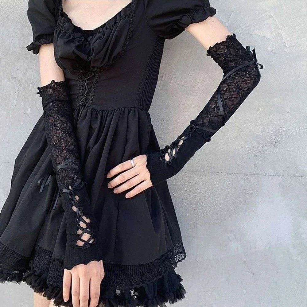 Lace Fingerless Strapping Arm Sleeve Sunscreen Sleeve Elastic Arm Warmers Lace-Up Sun Protection Cuff Bow Tie Long DIY Gloves