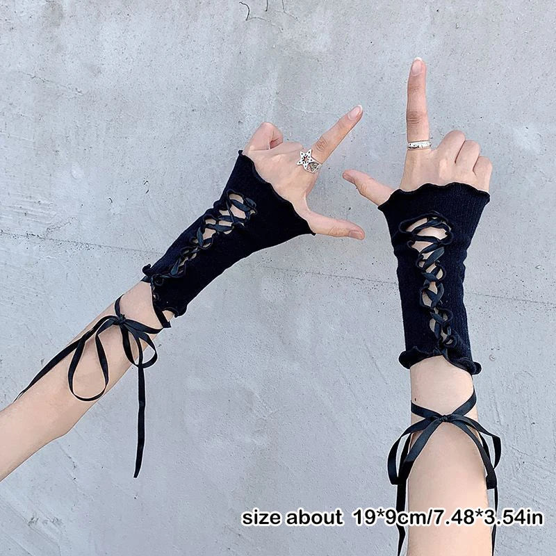 Erotic Sleeve Women's Halter Lace Fingerless Sexy Arm Sleeves DIY Strappy Gloves Stretch Mesh Punk Gloves Clothing Accessories