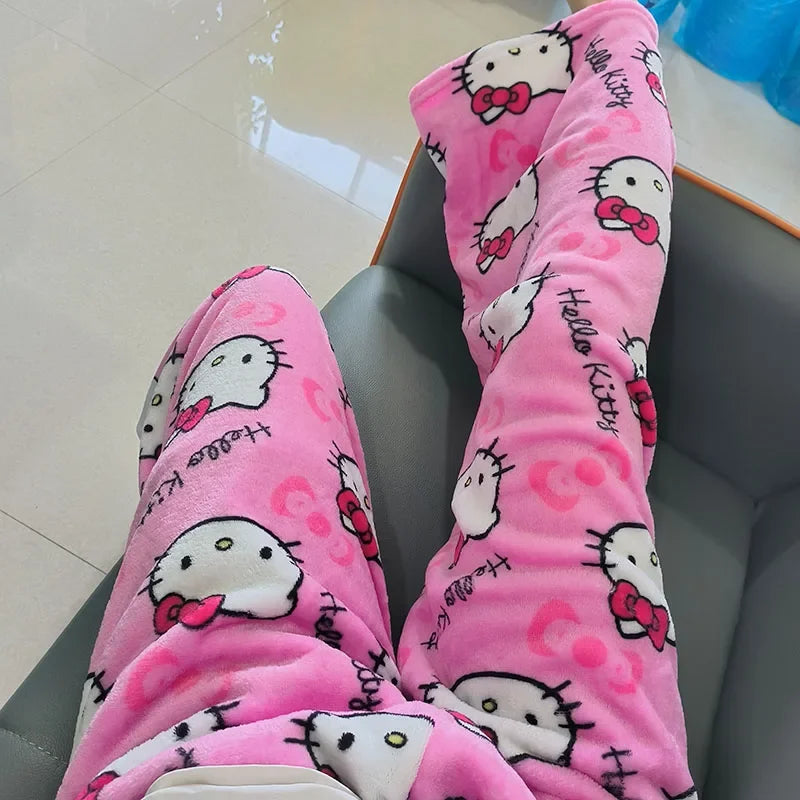 Thicken Hello Kitty Pajama Pants Sanrio Anime Fleece Double Elastic Fabric Soft Trousers Women Trousers Cartoon Birthday Gift