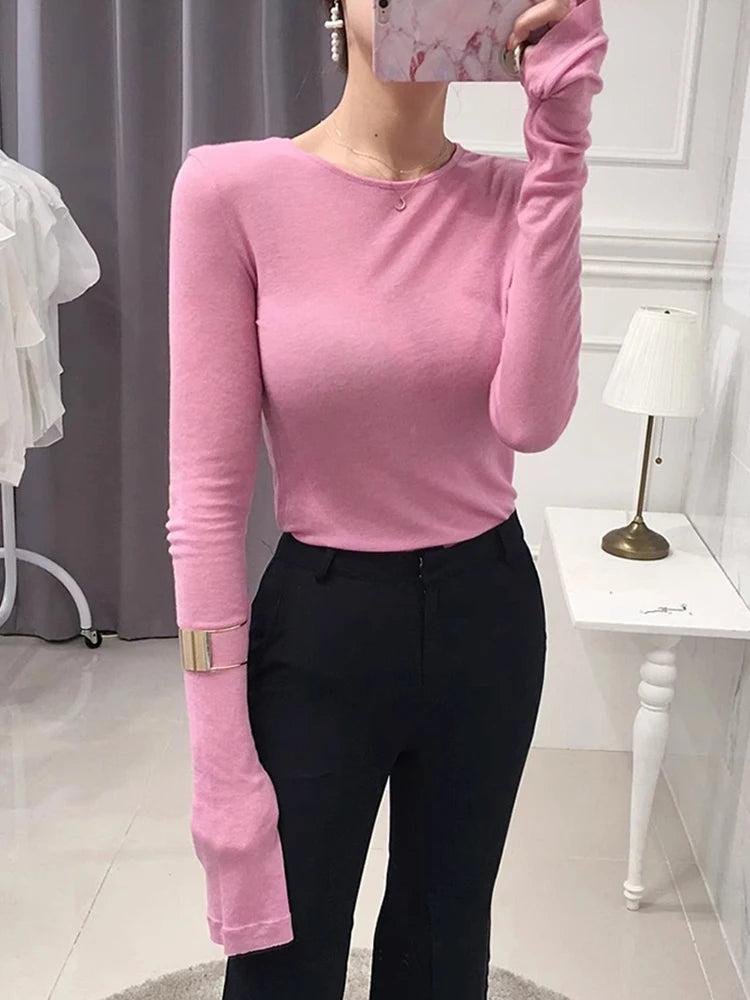 Sexy See-through Women T-Shirt Long Sleeve Korean Style Slim Basic Elasticity Tshirt Top Women's Clothing Solid T Shirts Femme