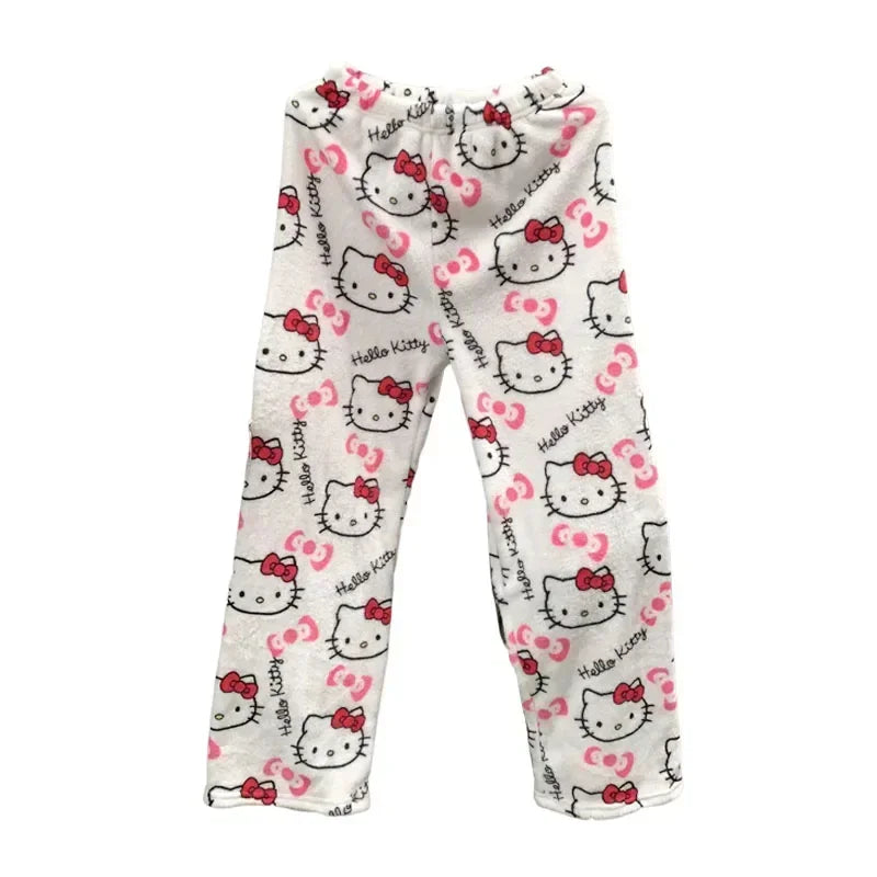 Thicken Hello Kitty Pajama Pants Sanrio Anime Fleece Double Elastic Fabric Soft Trousers Women Trousers Cartoon Birthday Gift