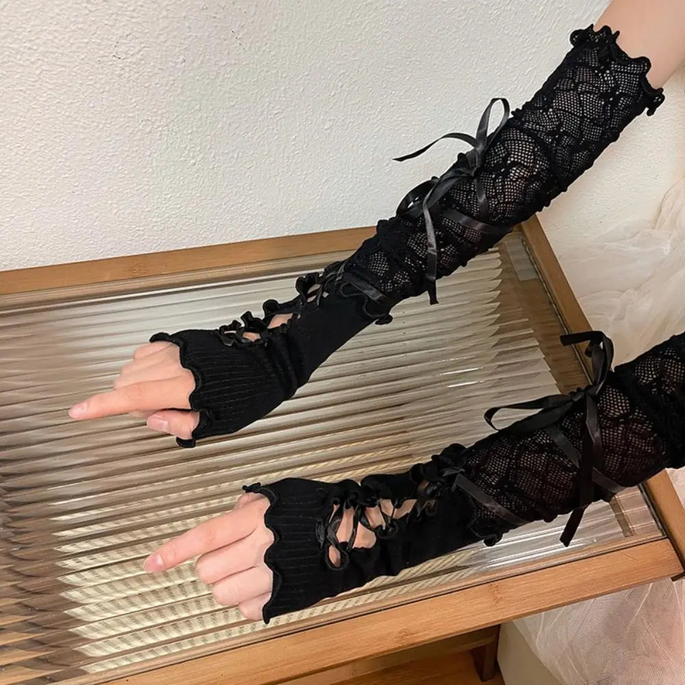 Lolita Gloves Ballet Style White Lace Sleeves Women's Thin Summer Sunscreen Spicy Y2K Girl Strap Bowknot Gloves For JK Girls