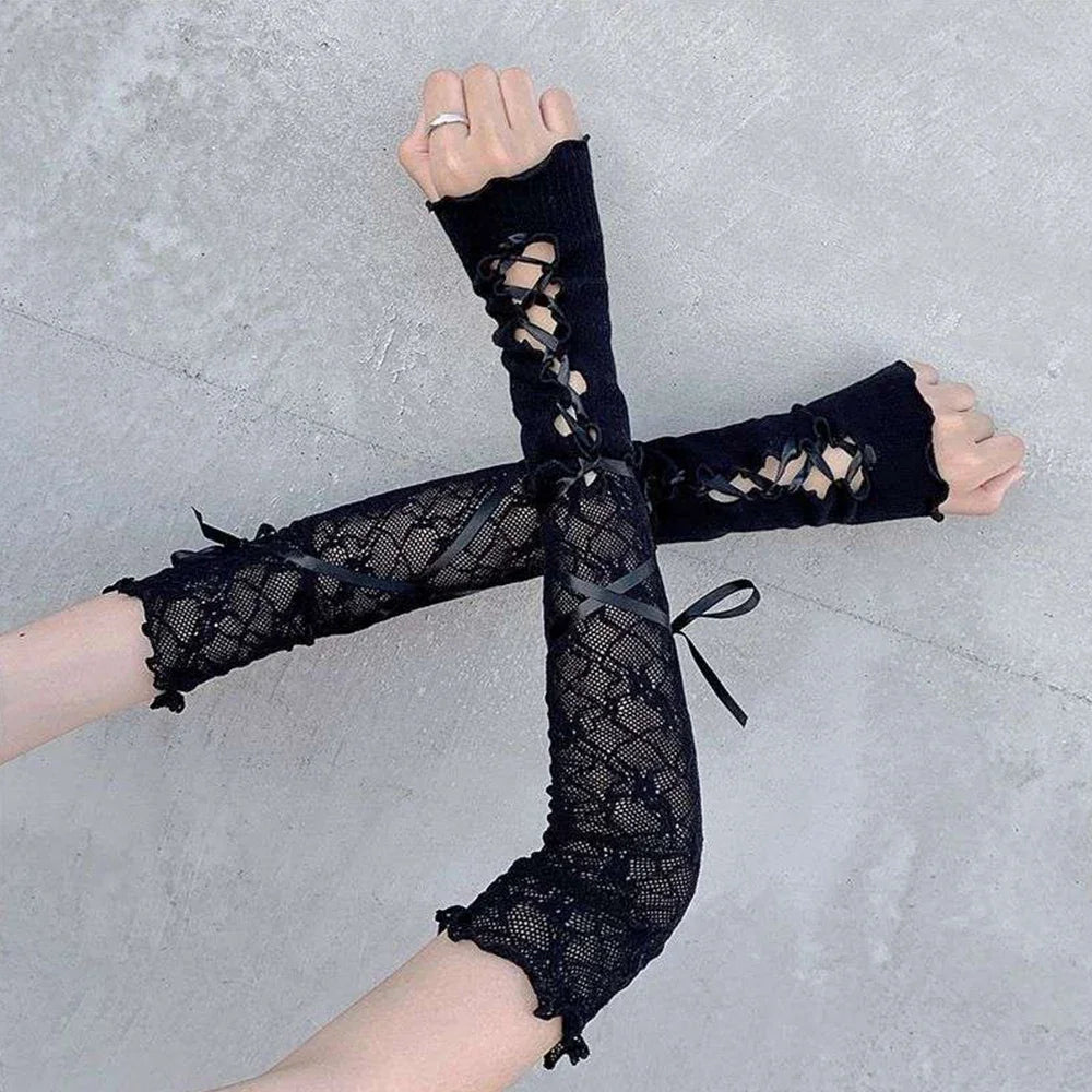 Lace Fingerless Strapping Arm Sleeve Sunscreen Sleeve Elastic Arm Warmers Lace-Up Sun Protection Cuff Bow Tie Long DIY Gloves