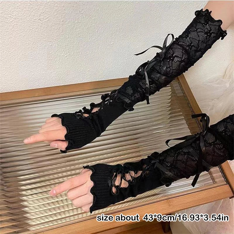 Erotic Sleeve Women's Halter Lace Fingerless Sexy Arm Sleeves DIY Strappy Gloves Stretch Mesh Punk Gloves Clothing Accessories