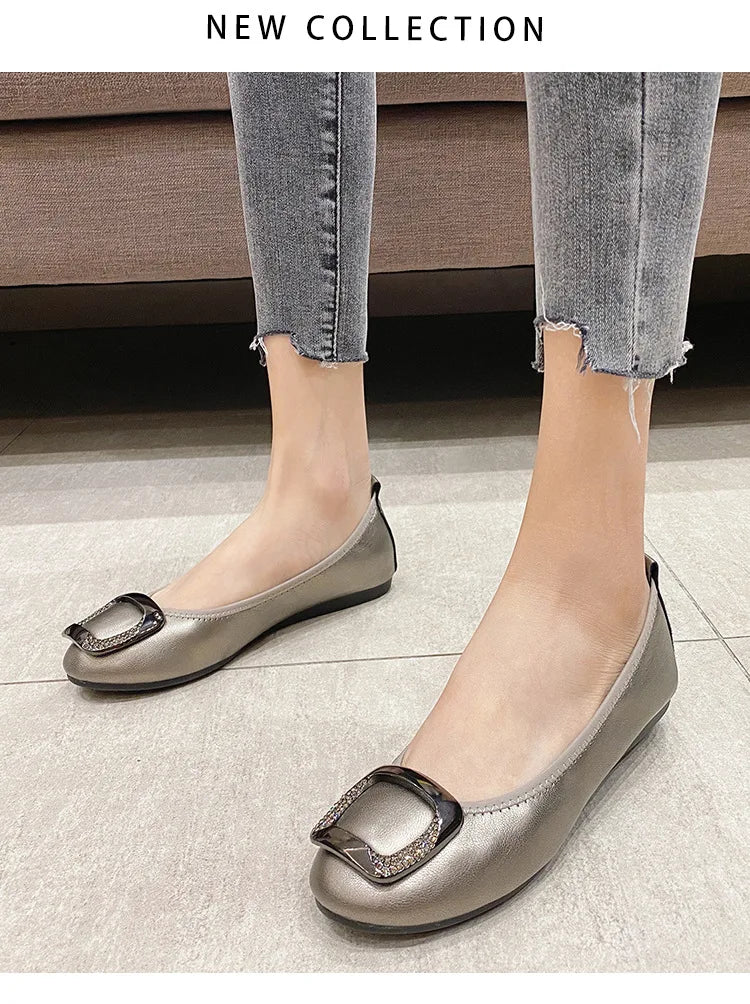 Flats Crystal Square Metal Buckle Foldable Ballet Flats Women Shoes Ballerina Cozy Soft Bottom Moccasins Plus Size 34-43 Loafers