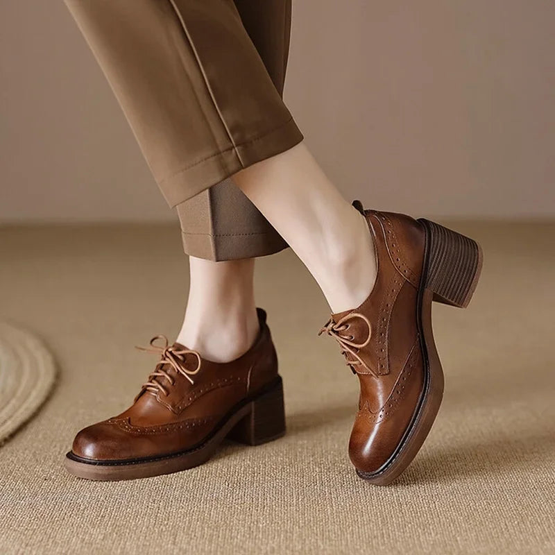 NEW Spring Women Loafers Genuine Leather Shoes Round Toe Square Heel Women Shoes Casual Lace-up Women Pumps Carving Oxford Shoes