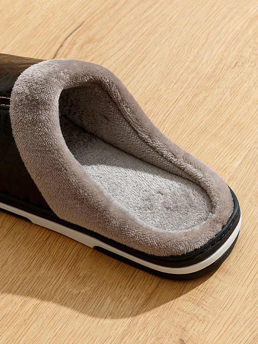 Men's slippers Winter Big Size Indoor Waterproof PU Leather Large Sizes Home Cotton shoes Fur Flat Cotton Bedroom Houseshoes