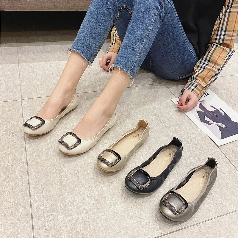 Flats Crystal Square Metal Buckle Foldable Ballet Flats Women Shoes Ballerina Cozy Soft Bottom Moccasins Plus Size 34-43 Loafers