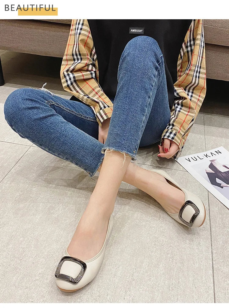 Flats Crystal Square Metal Buckle Foldable Ballet Flats Women Shoes Ballerina Cozy Soft Bottom Moccasins Plus Size 34-43 Loafers