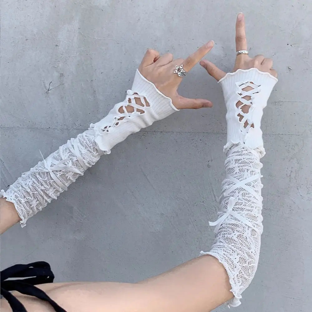 Lolita Gloves Ballet Style White Lace Sleeves Women's Thin Summer Sunscreen Spicy Y2K Girl Strap Bowknot Gloves For JK Girls