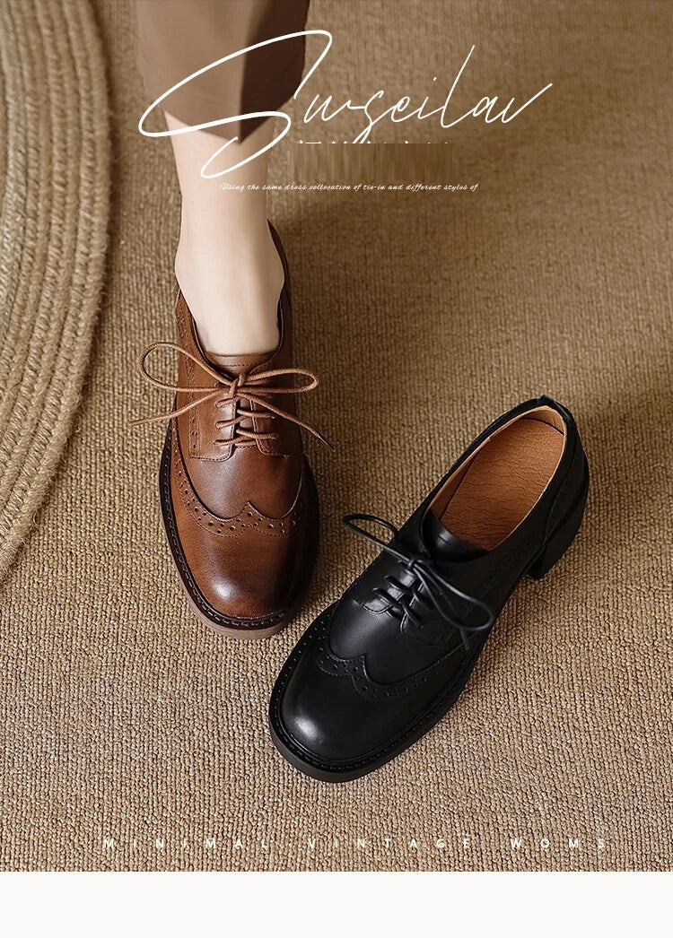 NEW Spring Women Loafers Genuine Leather Shoes Round Toe Square Heel Women Shoes Casual Lace-up Women Pumps Carving Oxford Shoes