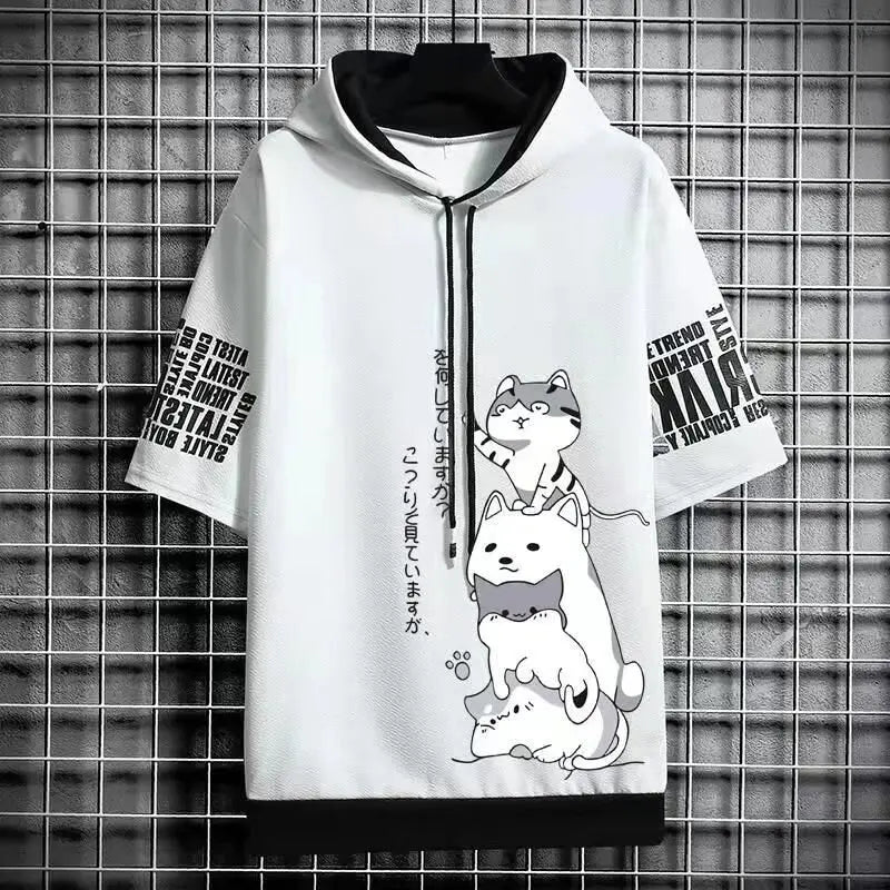 Japan Fashion Men's Hoodies Summer Men Clothing Cartoon Casual Harajuku Streetwear Print Hooded Top Short Sleeve Sweatshirts Men