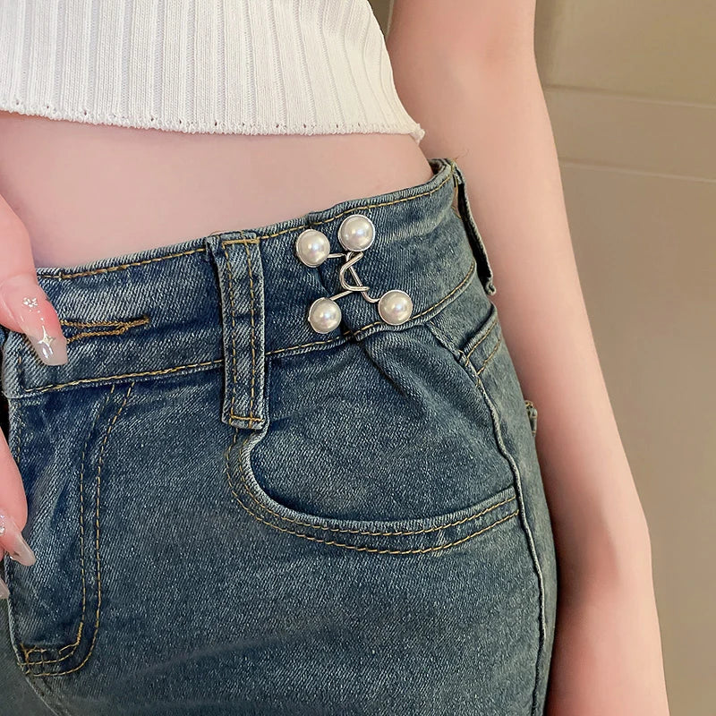 2pcs Skirt Pants Tighten Waist Brooches Jeans Adjustable Waist Clip Button Pearl Women's Brooch Set DIY Clothing Accessories