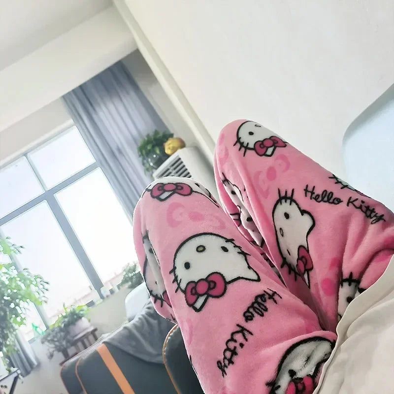 Thicken Hello Kitty Pajama Pants Sanrio Anime Fleece Double Elastic Fabric Soft Trousers Women Trousers Cartoon Birthday Gift