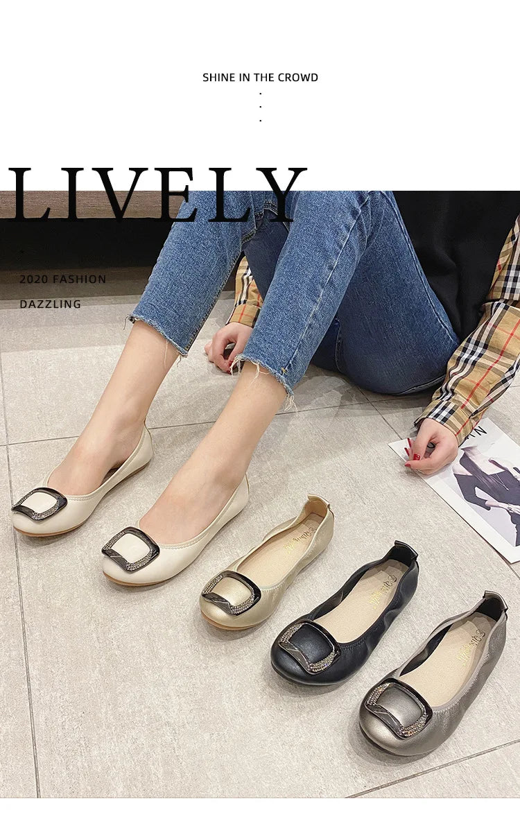 Flats Crystal Square Metal Buckle Foldable Ballet Flats Women Shoes Ballerina Cozy Soft Bottom Moccasins Plus Size 34-43 Loafers