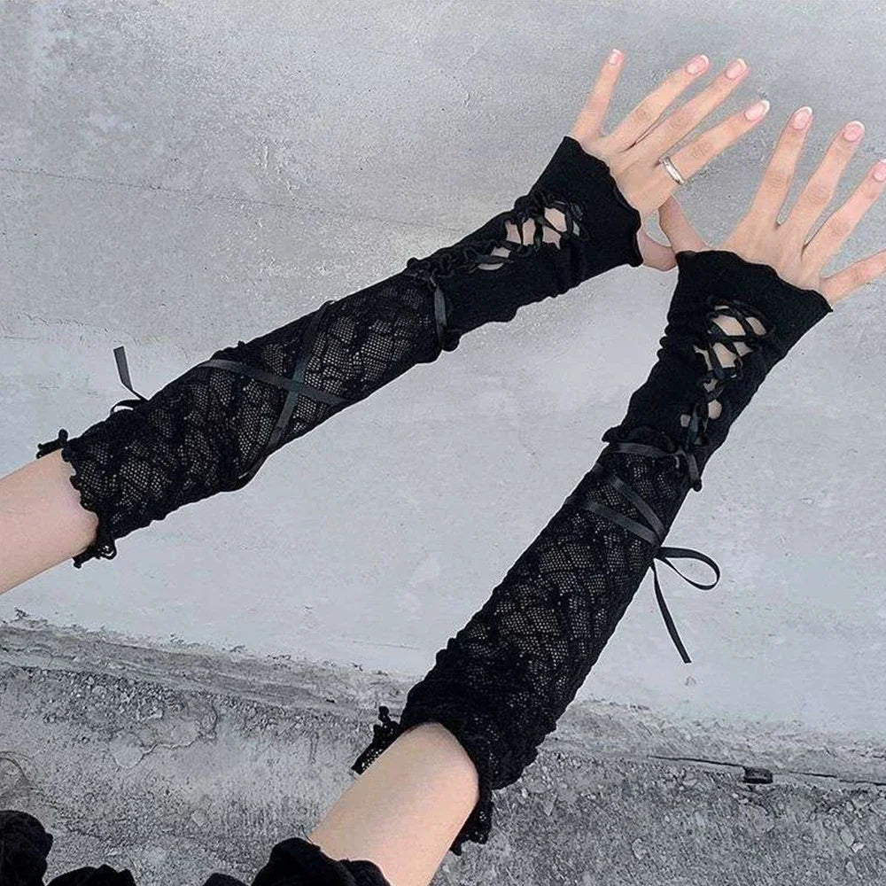 Lace Fingerless Strapping Arm Sleeve Sunscreen Sleeve Elastic Arm Warmers Lace-Up Sun Protection Cuff Bow Tie Long DIY Gloves