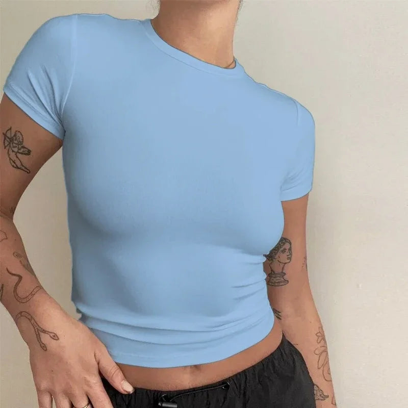 Woman Clothing Short Sleeve T-shirt Slim Fit Tops Female O-Neck Knitted Sheath Tee Shirt Street Wear Sex Sporty 2024 Y2K New2410