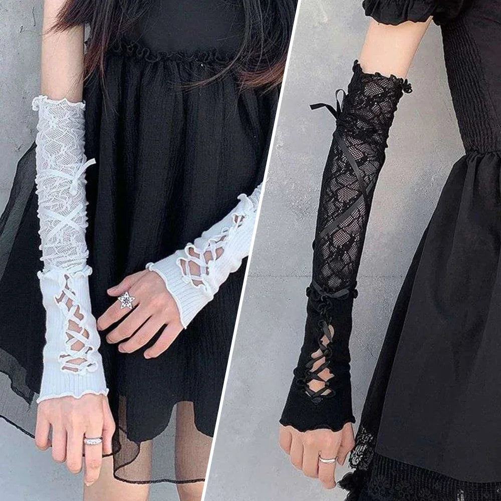 Lace Fingerless Strapping Arm Sleeve Sunscreen Sleeve Elastic Arm Warmers Lace-Up Sun Protection Cuff Bow Tie Long DIY Gloves